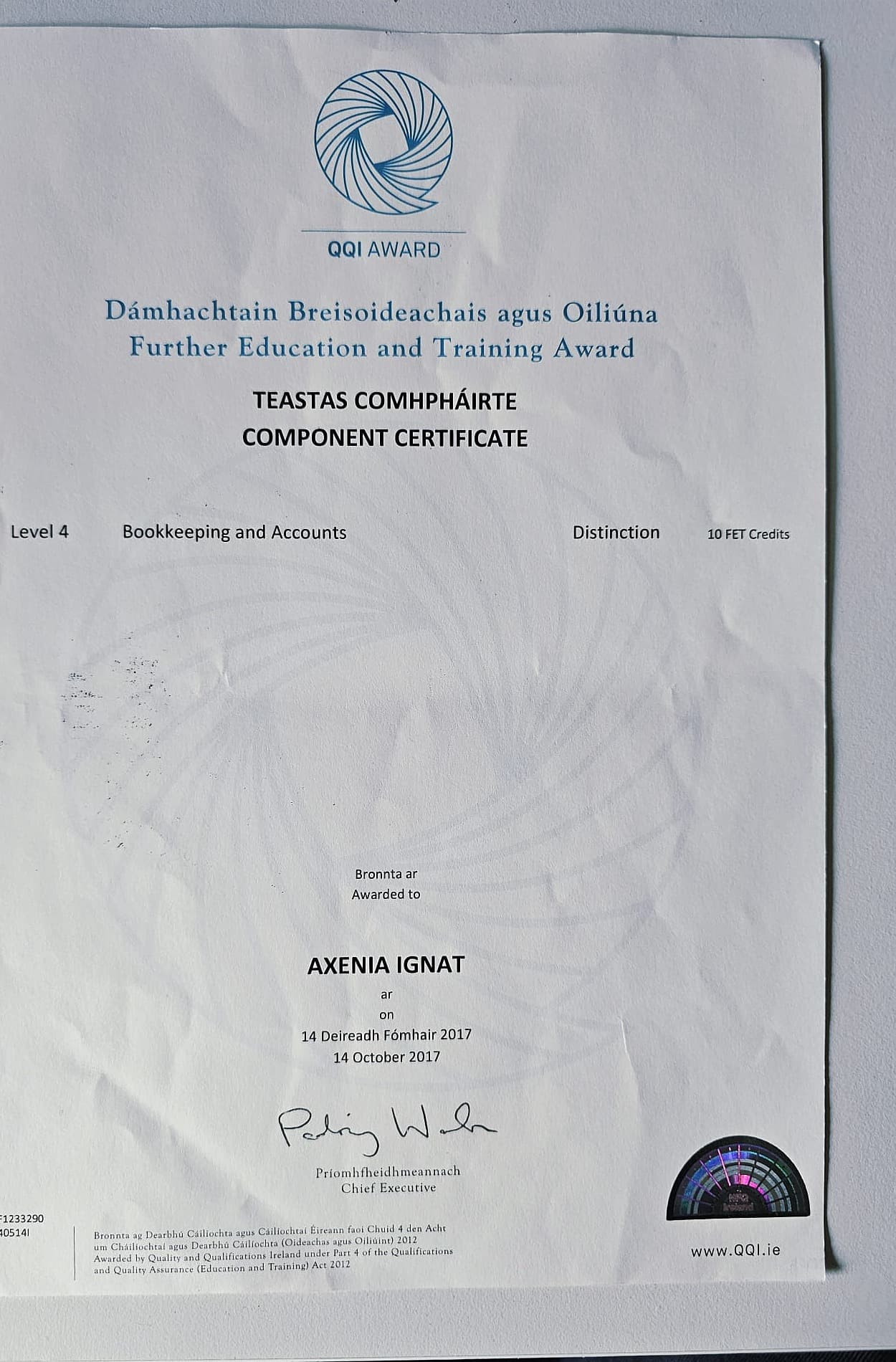 QQI Level 4 Bookkeeping and Accounts component certificate awarded to Axenia Ignat with Distinction, October 2017