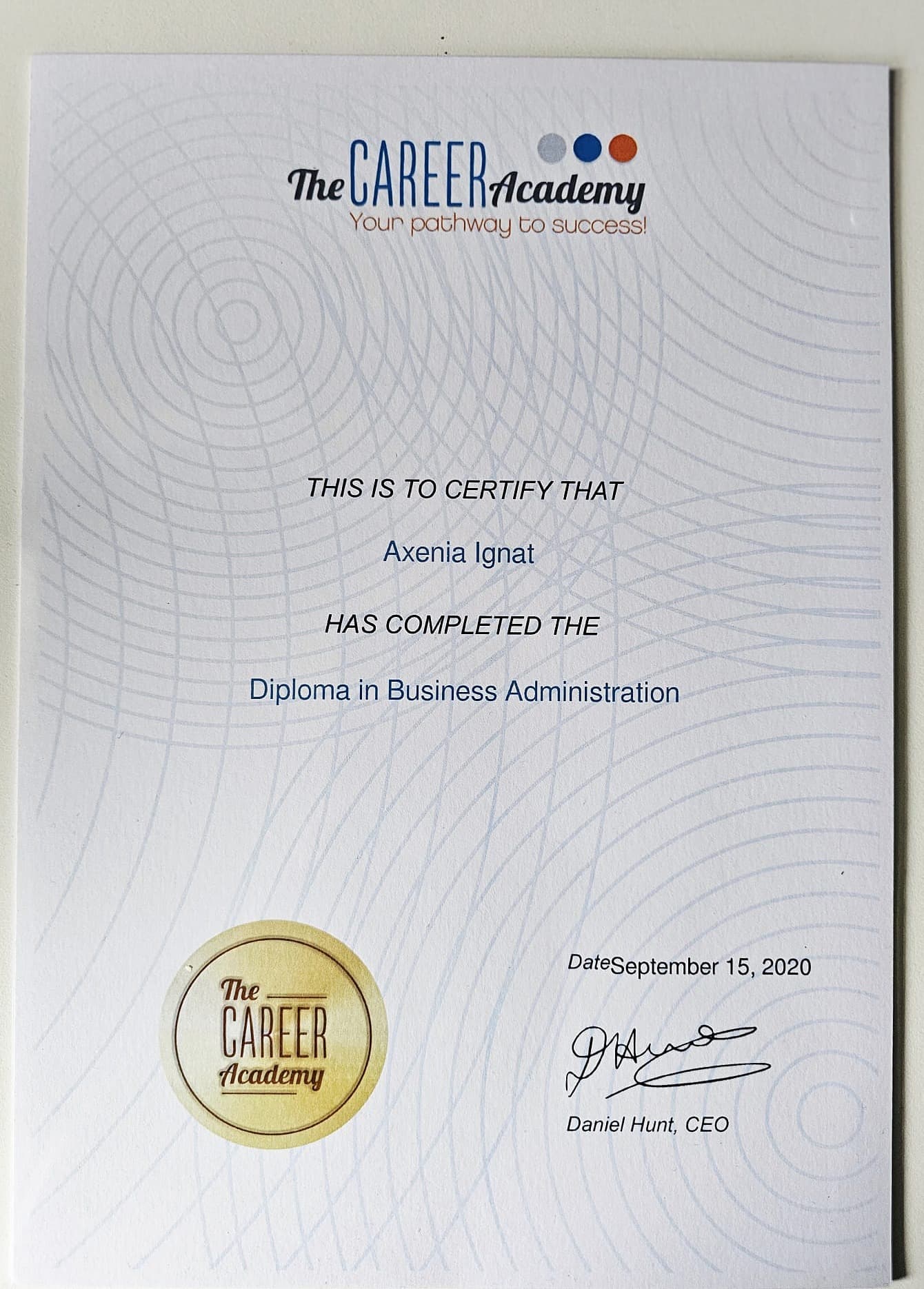 Diploma in Business Administration awarded to Axenia Ignat by The Career Academy, September 2020