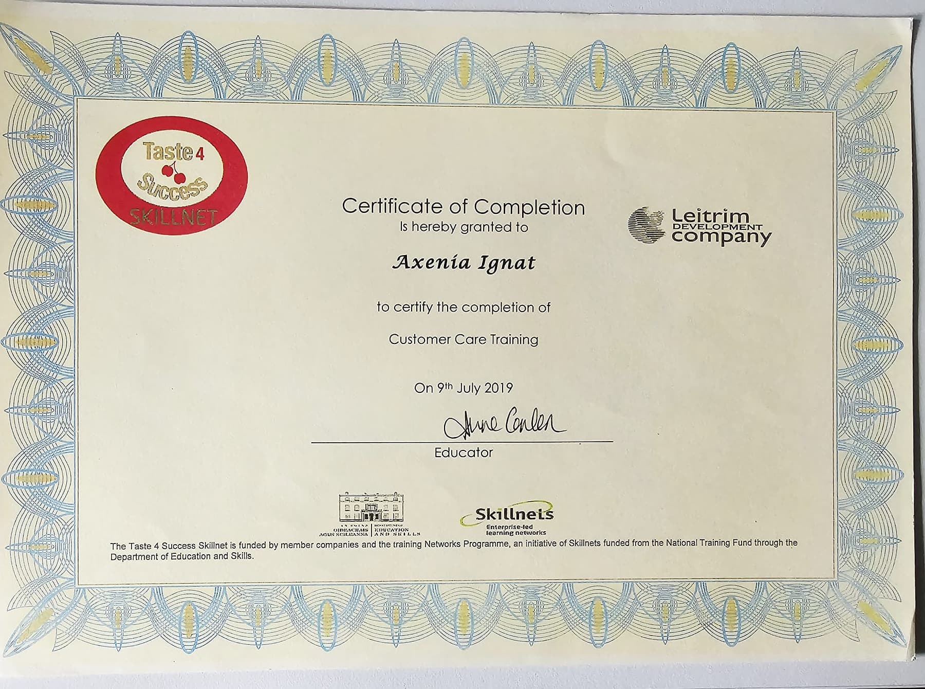 Customer Care Training certificate awarded to Axenia Ignat by Taste 4 Success Skillnet via Leitrim Development Company, July 2019