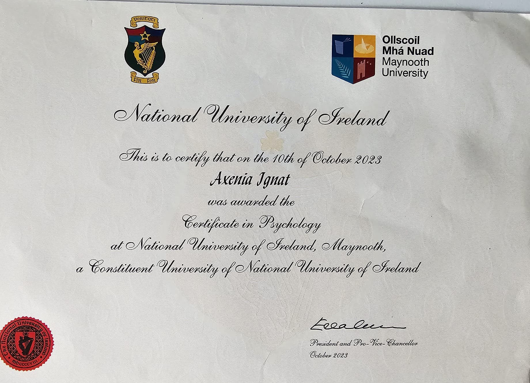 Certificate in Psychology awarded to Axenia Ignat by National University of Ireland, Maynooth, October 2023